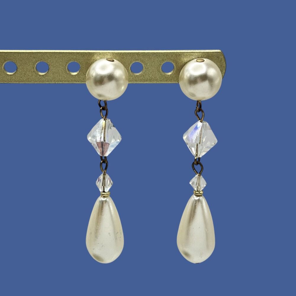 Vintage Simulated Pearl Drop Dangle Earrings Crystal Bead Pierced Jewelry Formal
